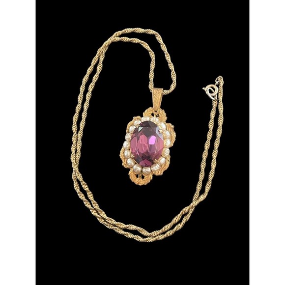 Rare Antique Signed Miriam Haskell Necklace Estate Amethyst Pearl Pendant Chain - Picture 12 of 16